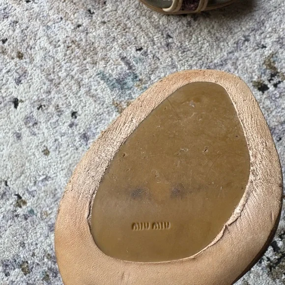 Y2K MIU MIU Double Buckle, Leather & Glitter, Olive Canvas Heels - Picture 7 of 16